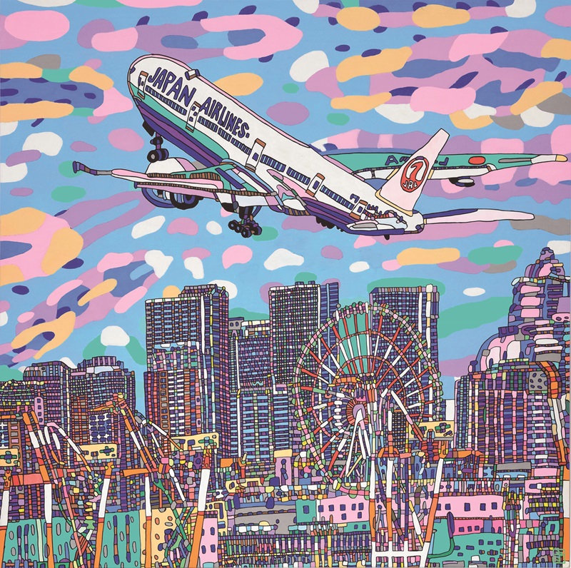 森田守「空飛ぶ飛行機・昼」80×80cm