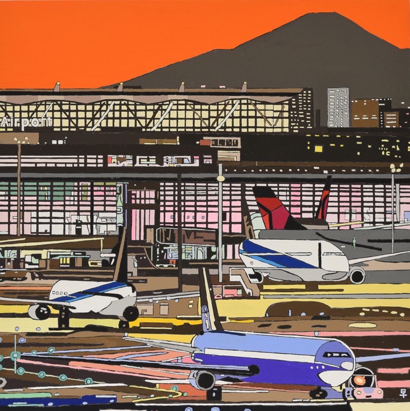 早田龍輝「夕焼けの滑走路」73×73cm